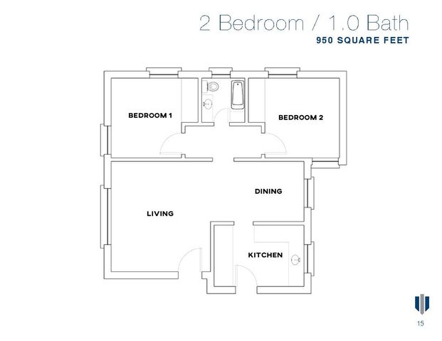 Modern floor plan with 2 bedrooms, 1 bath, and integrated living, dining, and kitchen areas, totaling 950 square feet.
