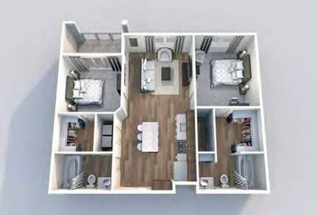 Modern 3D floor plan highlighting two cozy bedrooms, a stylish open living room, and a sleek kitchen with island seating. Perfect for comfortable living.