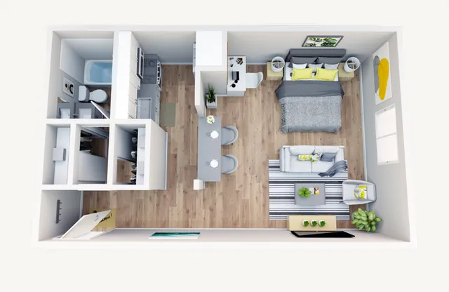 Modern open-concept studio floor plan featuring a cozy living area, fully equipped kitchen, and chic bedroom with ample storage.