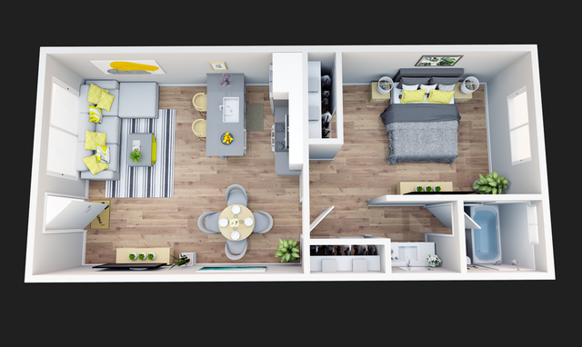 Contemporary 1-bedroom apartment floor plan showcasing an open-concept living area, modern kitchen with island seating, and a cozy bedroom with stylish decor.