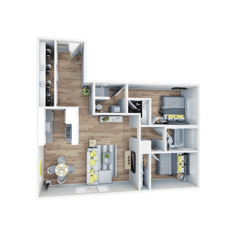 Modern 3D floor plan featuring 2 stylish bedrooms, a spacious living area, a sleek kitchen, and an elegant dining space with contemporary decor.
