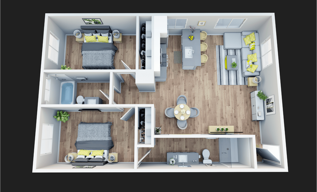 Contemporary open-plan layout featuring two cozy bedrooms, a modern kitchen with island seating, and a welcoming living area with large windows.