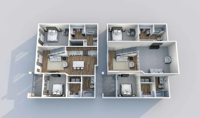 3D floor plan depicting a stylish duplex with three bedrooms, a modern open-plan living area, and spacious bathrooms.