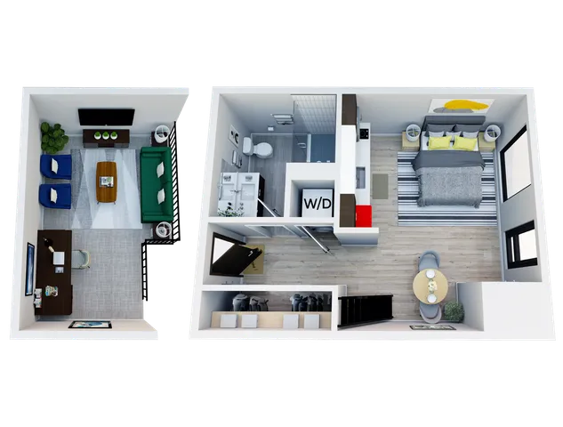 Chic 3D floor plan featuring a cozy bedroom, stylish living area, modern kitchen, and compact bathroom.