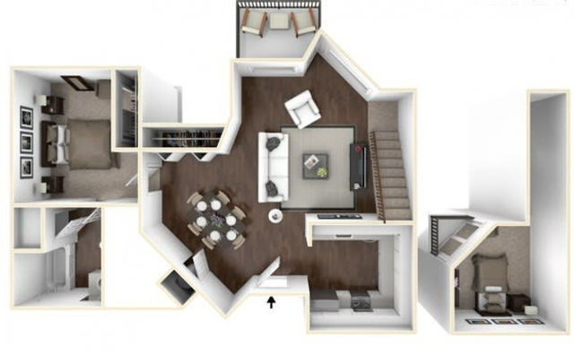 Modern 3D floor plan featuring spacious living room, two cozy bedrooms, elegant dining area, and chic balcony.