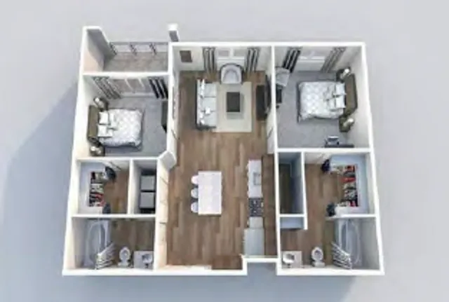Modern 3D floor plan illustrating 2 bedrooms, elegant open living area, and a contemporary kitchen layout.