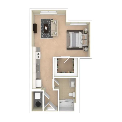 Modern 1-bedroom apartment floor plan showcasing an open-concept living room and kitchen, with a spacious bathroom and utility area.