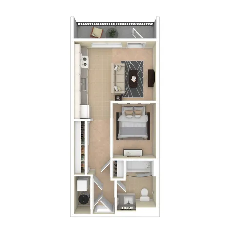 Chic apartment floor plan showcasing a spacious bedroom, open-concept living and kitchen area, and a modern bathroom. Includes a cozy balcony for relaxing outdoor space.