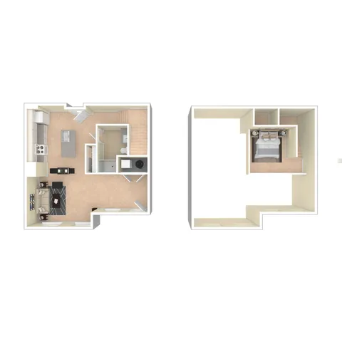 Modern loft apartment floor plan with open-concept living area, sleek kitchen, cozy bedroom, and convenient bathroom