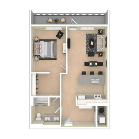 Modern 1-bedroom apartment floor plan featuring an open-concept living room, dining area, and integrated kitchen with sleek design.