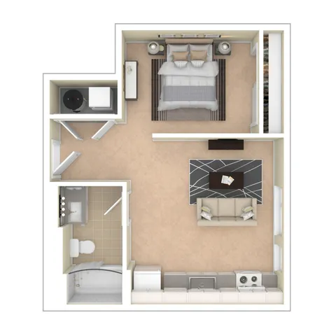 Modern 1-bedroom apartment floor plan showcasing an open-concept living area, sleek kitchen, and elegant bathroom.