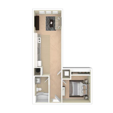 Modern L-shaped floor plan highlighting a cozy 1-bedroom apartment with an open-concept kitchen and living area, complemented by a stylish bathroom.