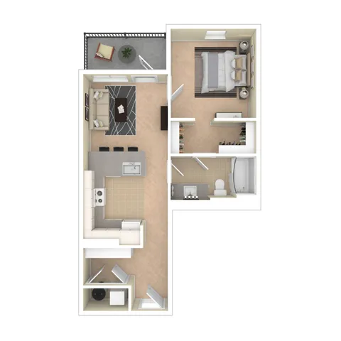 Modern floor plan showcasing a spacious one-bedroom apartment with open-concept living area, sleek kitchen, and a cozy balcony.