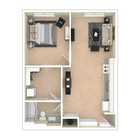 Inviting floor plan showcasing a cozy 1-bedroom apartment with an open-concept living and dining area, modern kitchen, and stylish bathroom.