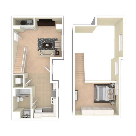 Charming 2-story floor plan featuring a cozy living area, modern kitchen, sleek bathroom, and a spacious bedroom with ample natural light.