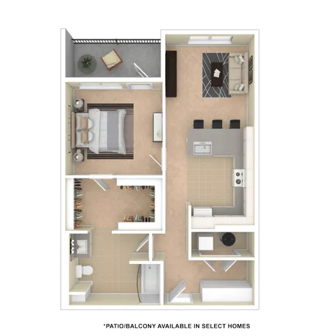 Modern floor plan featuring a spacious 1-bedroom with a walk-in closet, cozy living area, gourmet kitchen with island seating, and private balcony.