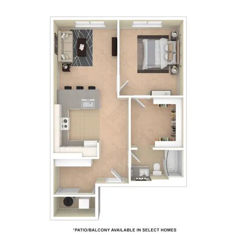 Charming 3D floor plan showcasing a modern apartment with 1 bedroom, a spacious kitchen, cozy living area, and luxurious bathroom.