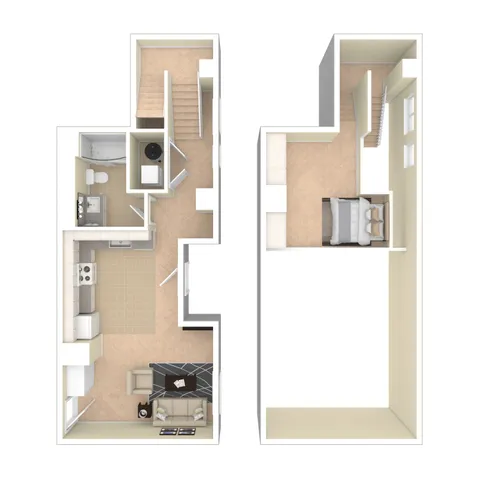Charming two-level floor plan featuring an open-concept kitchen and living area on the ground floor with a cozy bedroom upstairs.