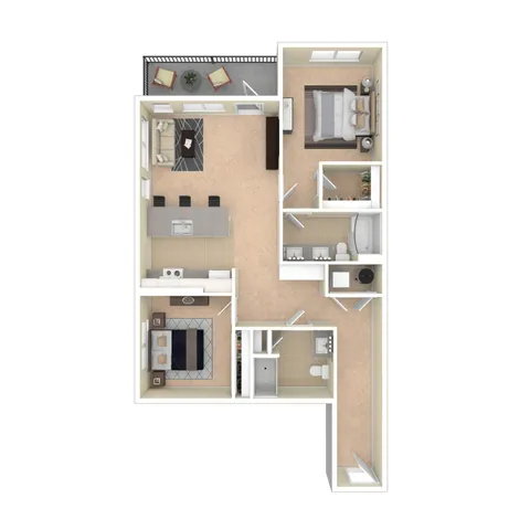 Modern floor plan showcasing a spacious 2-bedroom apartment with an open-concept kitchen and living area, two bathrooms, and a cozy balcony.
