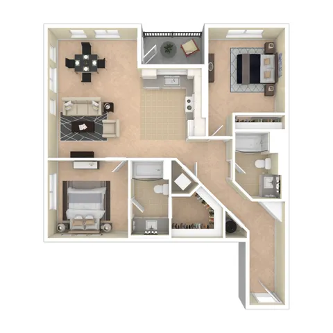 Charming 3D floor plan showcasing 2 bedrooms, 2 bathrooms, an elegant open-concept living and dining area, and a fully equipped kitchen with a cozy balcony.