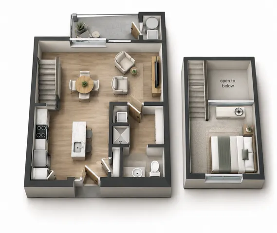 Contemporary 3D floor plan featuring a chic bedroom loft, cozy living area, modern kitchen with island, and inviting balcony.