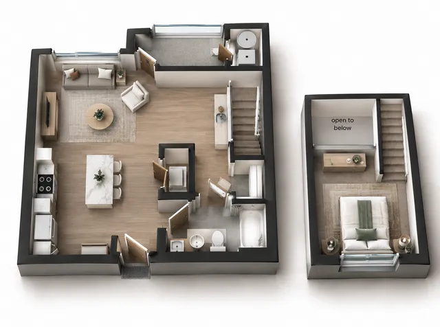 Elegant multi-level floor plan showcasing an open-concept dining and living area, modern kitchen, cozy bedroom with ensuite, and a loft space with balcony view. Perfect for stylish urban living.