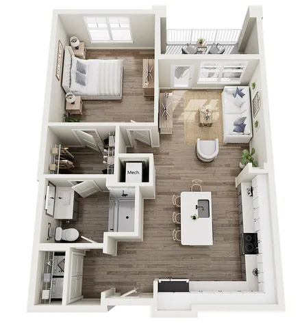 The Douro, 1/1, 915 SF | Modern 3D floor plan showcasing a spacious one-bedroom apartment with an open-plan kitchen, cozy living area, and private balcony.