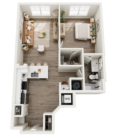 The Moselle, 1/1, 848 SF | Charming 3D floor plan featuring 1 bedroom, a cozy open-concept living space, modern kitchen, and elegant bathroom.