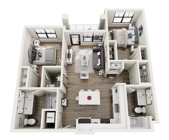 The Seine, 2/2, 1162 SF | Modern 3D floor plan showcasing two bedrooms, a sleek open-concept living area, and a contemporary kitchen, ideal for urban living.