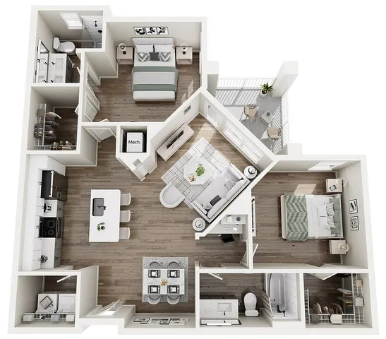The Soane, 2/2, 1243 SF | Modern 3D floor plan showcasing 2 bedrooms, open-plan kitchen, cozy living area, and a private balcony, designed for contemporary living.