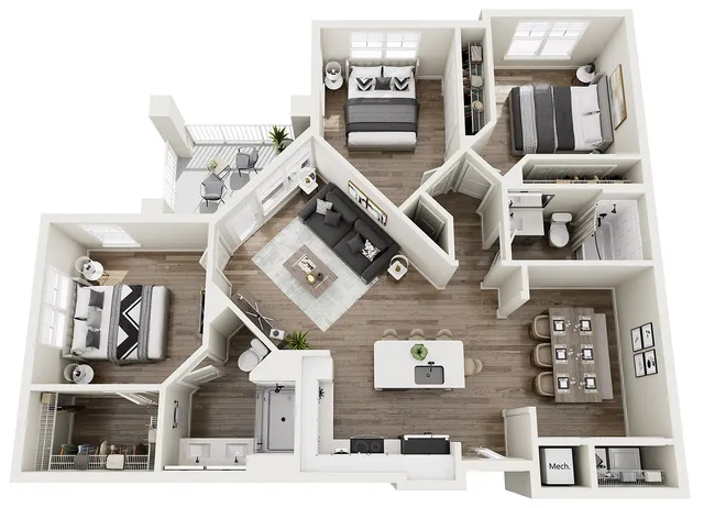 The Nile, 3/2, 1392 SF | A spacious 3D floor plan showcasing a spacious design with three bedrooms, open-concept living area, sleek kitchen, and a cozy balcony.