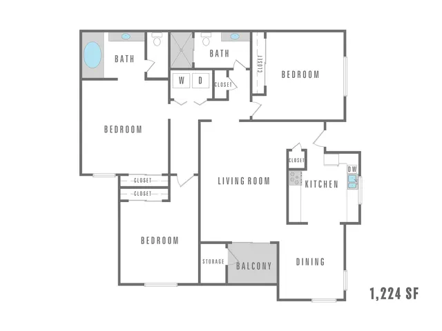 Modern floor plan showcasing 3 bedrooms, 2 baths, open-concept living room, kitchen, dining area, and charming balcony, spanning 1,224 square feet.