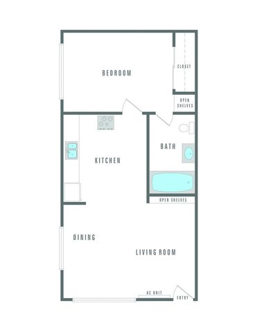 Modern floor plan showcasing a bright 1-bedroom, open-concept living and dining area, efficient kitchen, and spacious bath with convenient open shelving.