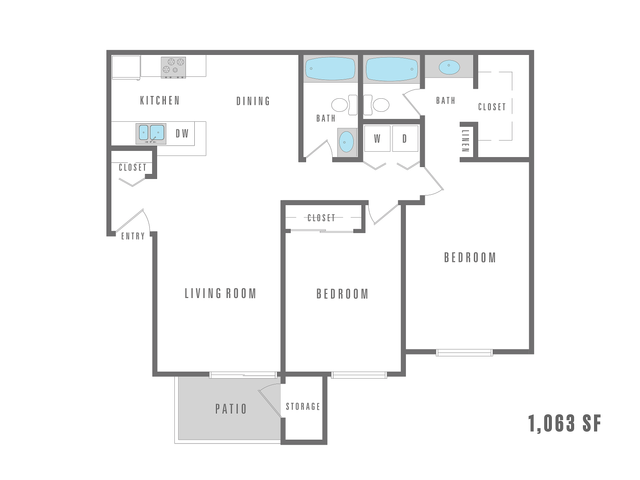 Modern floor plan with 2 bedrooms, spacious living and dining area, kitchen, 2 baths, and patio, totaling 1,063 sq ft.