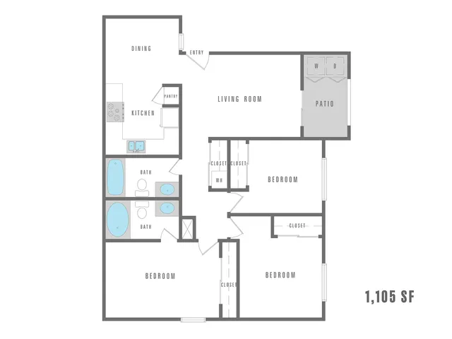 Modern 2D floor plan showcasing 3 bedrooms, spacious living room, elegant kitchen, and patio, covering 1,105 square feet.