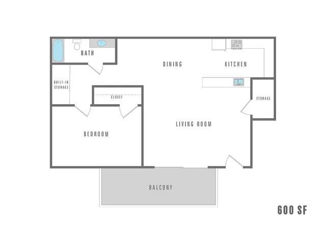 Modern 600 sq ft floor plan showcasing 1 bedroom, spacious living room, functional kitchen, and charming balcony.