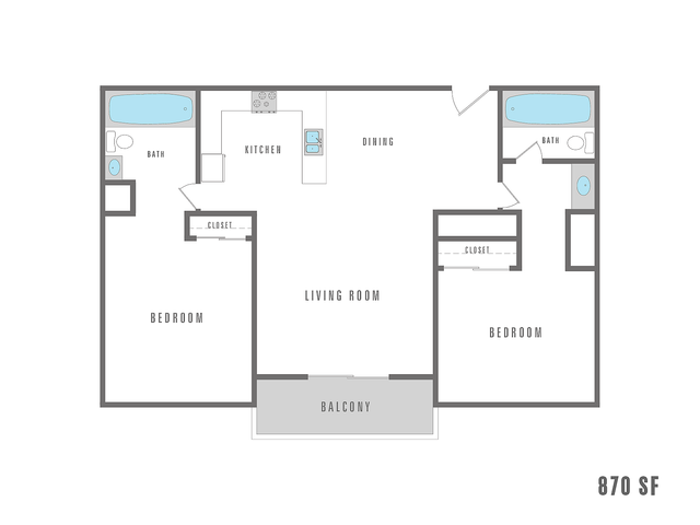 Modern 870 sq ft floor plan with 2 bedrooms, open living and dining area, stylish kitchen, and a private balcony.