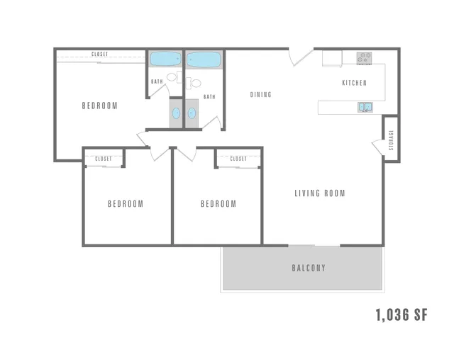 Inviting 2D floor plan showcasing 3 spacious bedrooms, modern kitchen, open dining area, and expansive living room with access to a relaxing balcony, covering 1,036 sq ft.