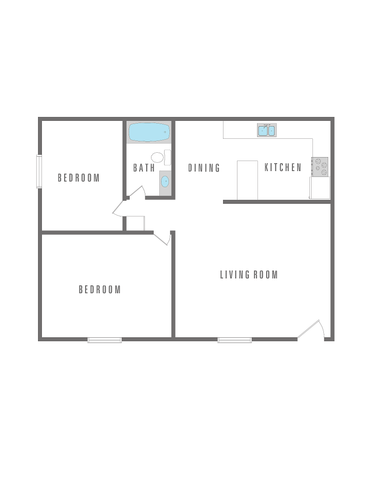 Modern floor plan showcasing 2 bedrooms, spacious living room, stylish kitchen, and dining area.