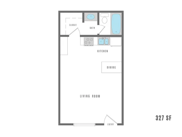 Contemporary studio floor plan featuring integrated kitchen and dining, cozy living area, and efficient bathroom, totaling 327 sq ft.