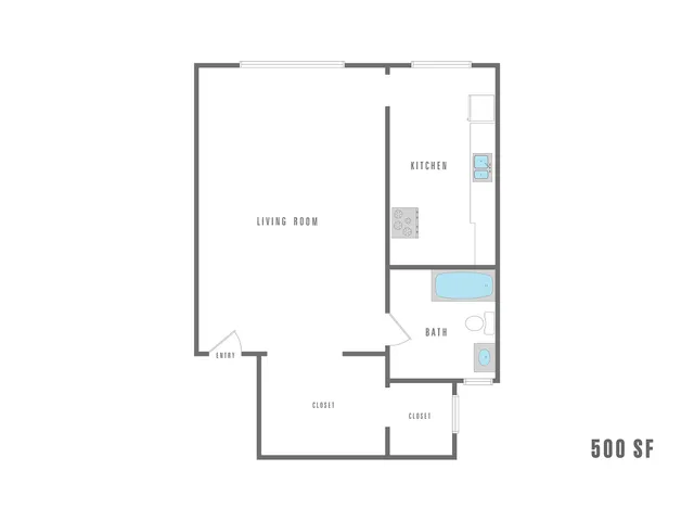 Charming 500 SF floor plan featuring an inviting living room, efficient kitchen, and modern bath with ample closet space.