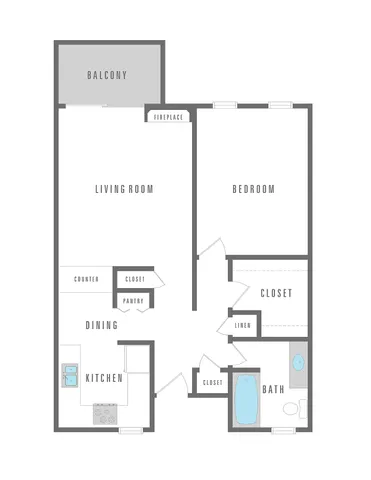 Inviting floor plan featuring a spacious living room with fireplace, private balcony, modern kitchen, cozy dining area, and ample closet space.