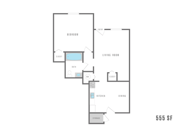 Modern 2D floor plan displaying 1 bedroom, a cozy living room, and a sleek kitchen with dining area, ideal for compact living at 555 sq ft.