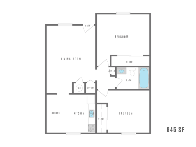 Efficient 2D floor plan of a cozy apartment featuring 2 bedrooms, a spacious living room, kitchen with dining area, and 645 sq ft of living space.