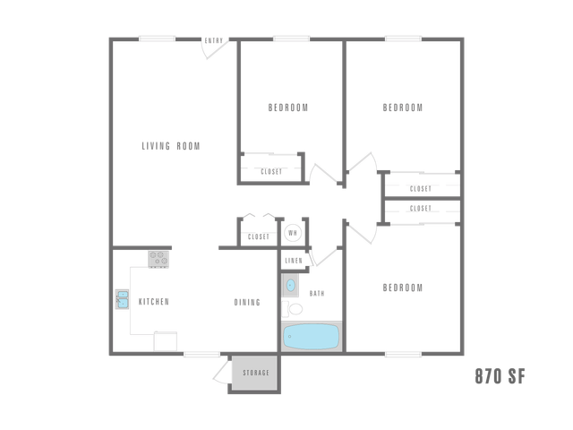 Modern 870 sq ft floor plan with 3 spacious bedrooms, open living room, functional kitchen, and ample storage.