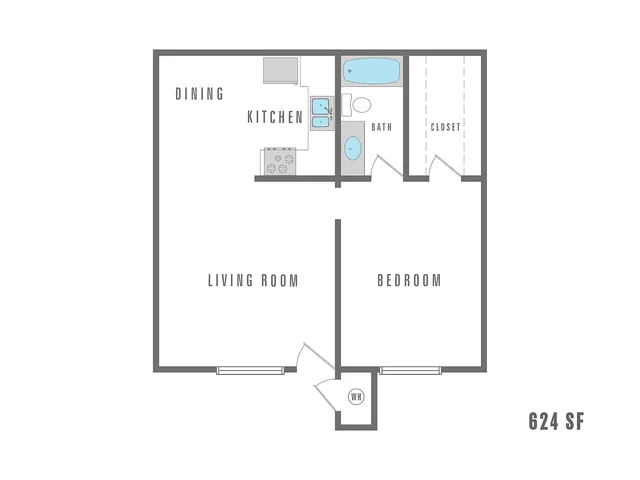 Chic 2D floor plan featuring a cozy 1-bedroom apartment with an open living area, modern kitchen, and a spacious bathroom. Totaling 624 square feet.