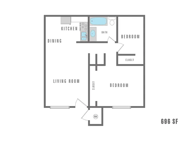 Modern floor plan featuring 2 bedrooms, a stylish kitchen with dining space, cozy living room, and a full bath within 696 square feet.