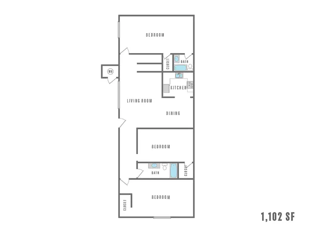 Modern 2D floor plan showcasing 3 bedrooms, airy living room, functional kitchen, and 2 bathrooms, spanning 1,102 sq ft.