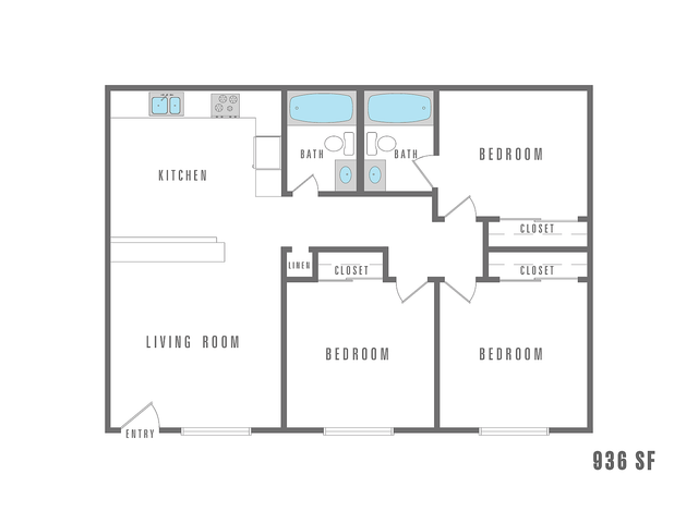Modern 936 sq ft floor plan featuring two bedrooms with closets, two baths, a spacious living room, and a well-designed kitchen.