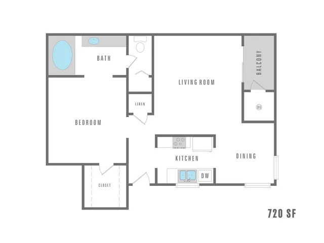 Contemporary 720 SF floor plan featuring a spacious bedroom, open living and dining area, modern kitchen, and private balcony.